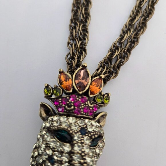 Princess Amanda Borghese Leopard with Crown Rhinestone Necklace Double Chain - Picture 5 of 9
